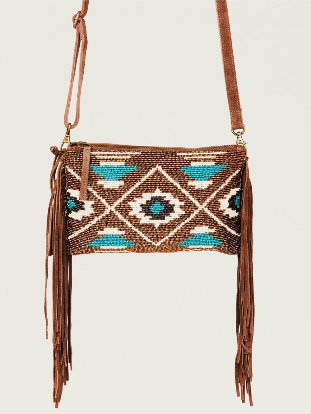Idyllwind Boho Beaded Fringe Crossbody Bag Clutch Brown Turquoise NWOT